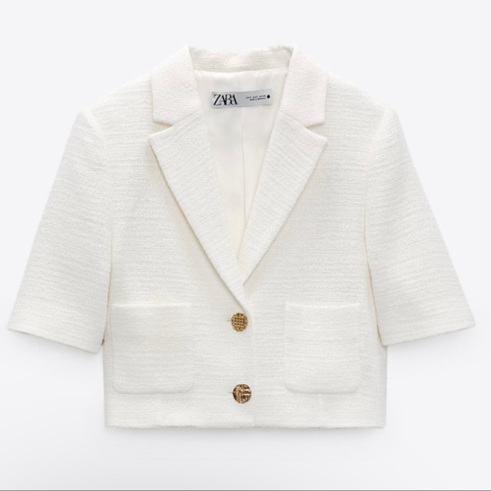 ZARA * Textured Tweed crop blazer cotton summer white gold buttons